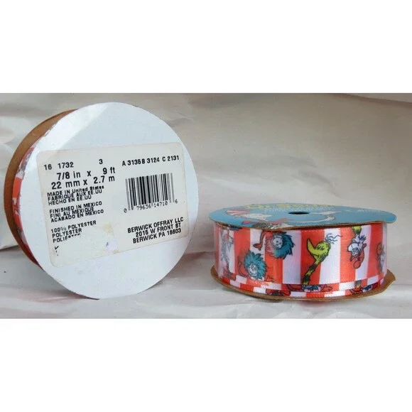 Offray Dr Seuss Themed  w/Red Stripes 7/8" Ribbon 2x9' - Picture 2 of 2